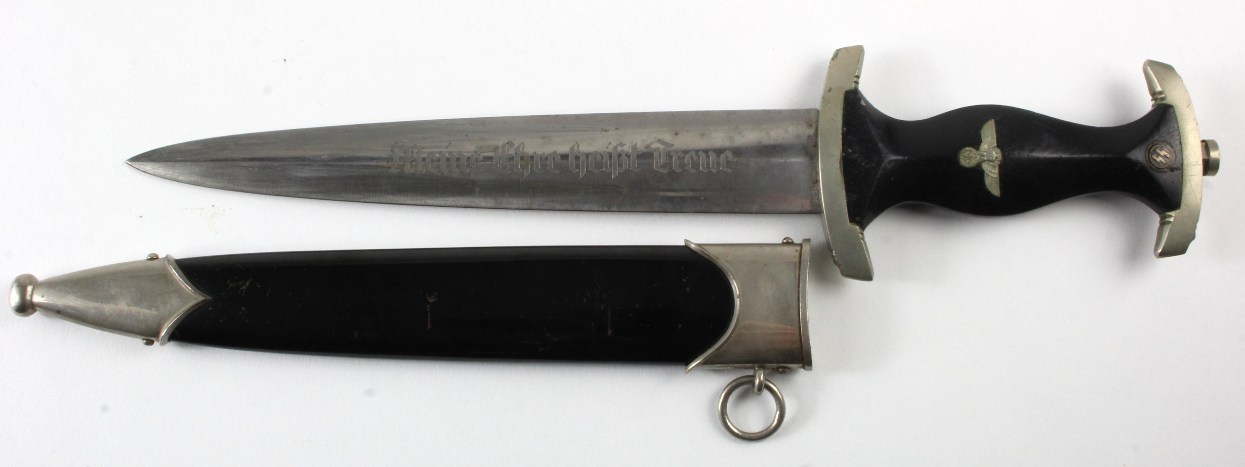 German Nazi SS Dagger with scabbard. Cross guard marked 'III'. Blade maker marked 'Gottlieb