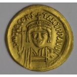 Tiberius II Constantine, Byzantine gold solidus, obverse reads:- D M TIb CONSTANT P P AVS, reverse