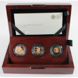 Three coin set 2016 (Sovereign, Half Sovereign & Quarter Sovereign). Proof FDC in the plush box of