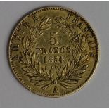 France gold 5 Francs 1854A, plain edge, KM#783, VF (0.0471 troy oz AGW)
