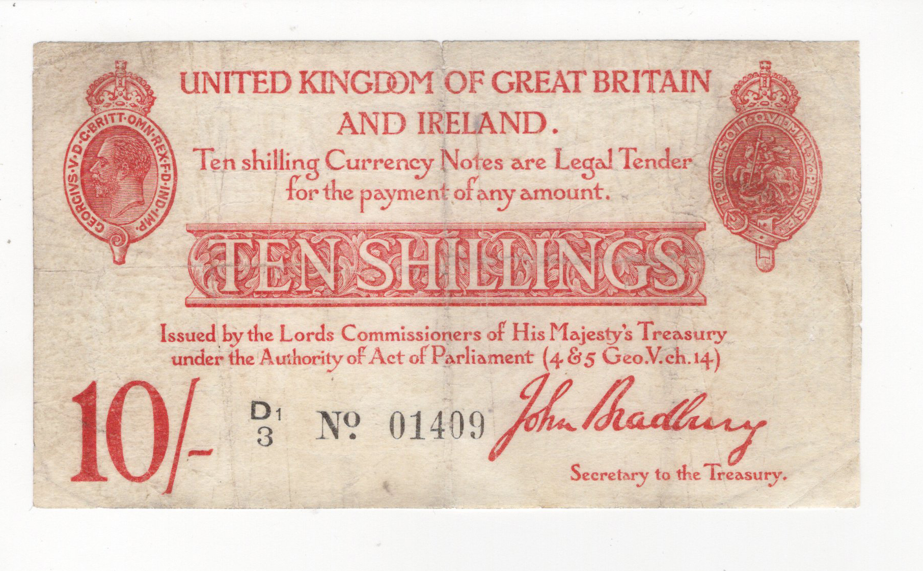 Bradbury 10 Shillings issued 1915, serial D1/3 01409, five digit serial number, (T12, Pick348)