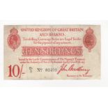 Bradbury 10 Shillings issued 1915, serial D1/3 01409, five digit serial number, (T12, Pick348)