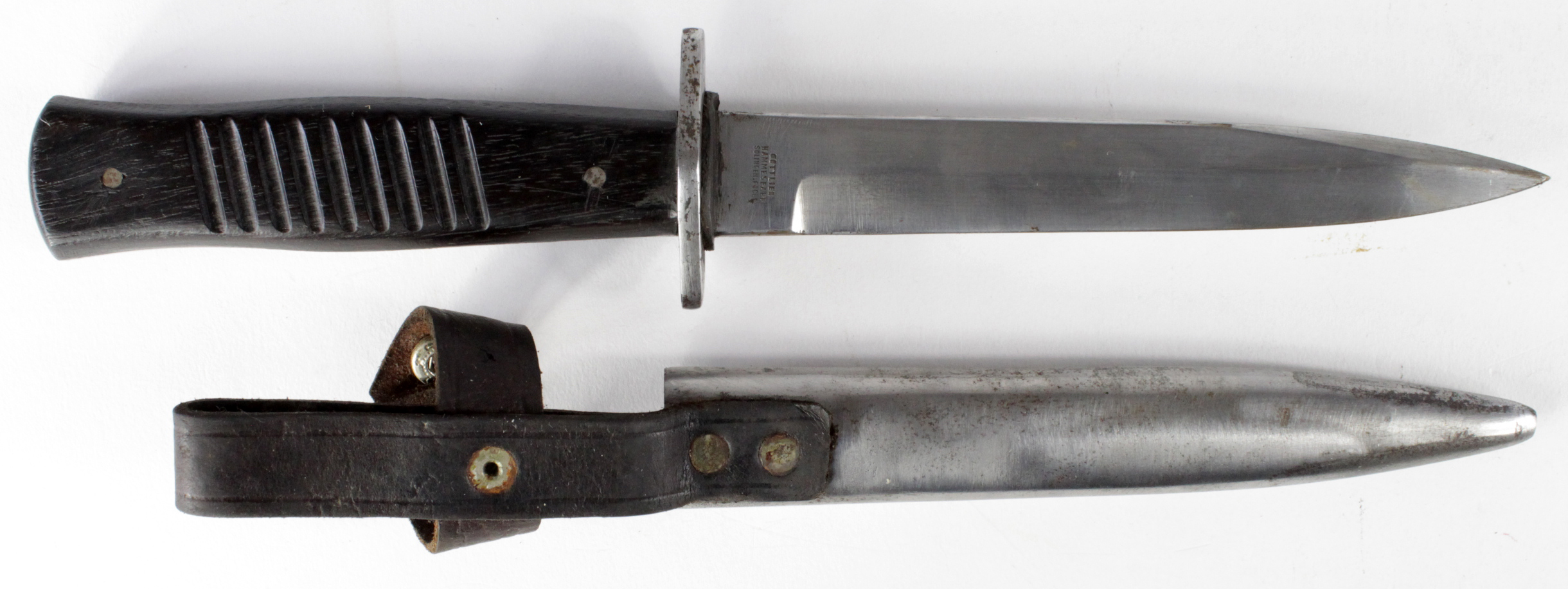 German Fighting knife Gottlieb maker marked blade, in steel scabbard with leather belt loop, service