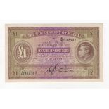 Malta 1 Pound issued 1940, portrait King George VI at right, serial A/16 032397, (TBB B119b,