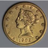 USA gold Ten Dollars 1902 VF with a few light bag marks