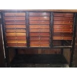 Mahogany collectors cabinet with walnut doors to front, raised on four legs, inside with twenty-five