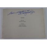 The Variety Artists Ball 12th May 1974 at Brinsworth House, menu. Autographed by Danny La Rue,
