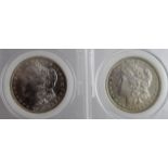 USA Morgan Silver Dollars (2): 1878-S UNC, and 1880O AU, graded by eye (in ersatz slabs MS67)