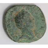 Diva Mariniana sestertius, struck by her husband Valerian, Rome Mint 253-254 A.D., reverse:- Peacock