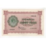 Seychelles 5 Rupees dated 7th April 1942, series A/2 98118, portrait King George VI at left, (TBB