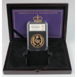 Guernsey £5 gold proof 2016 "Queens 90th Birthday". FDC in a wooden box with certificate