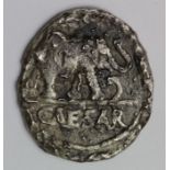 Julius Caesar silver denarius, obverse:- Elephant trampling on serpent, reverse:- Simpulum,