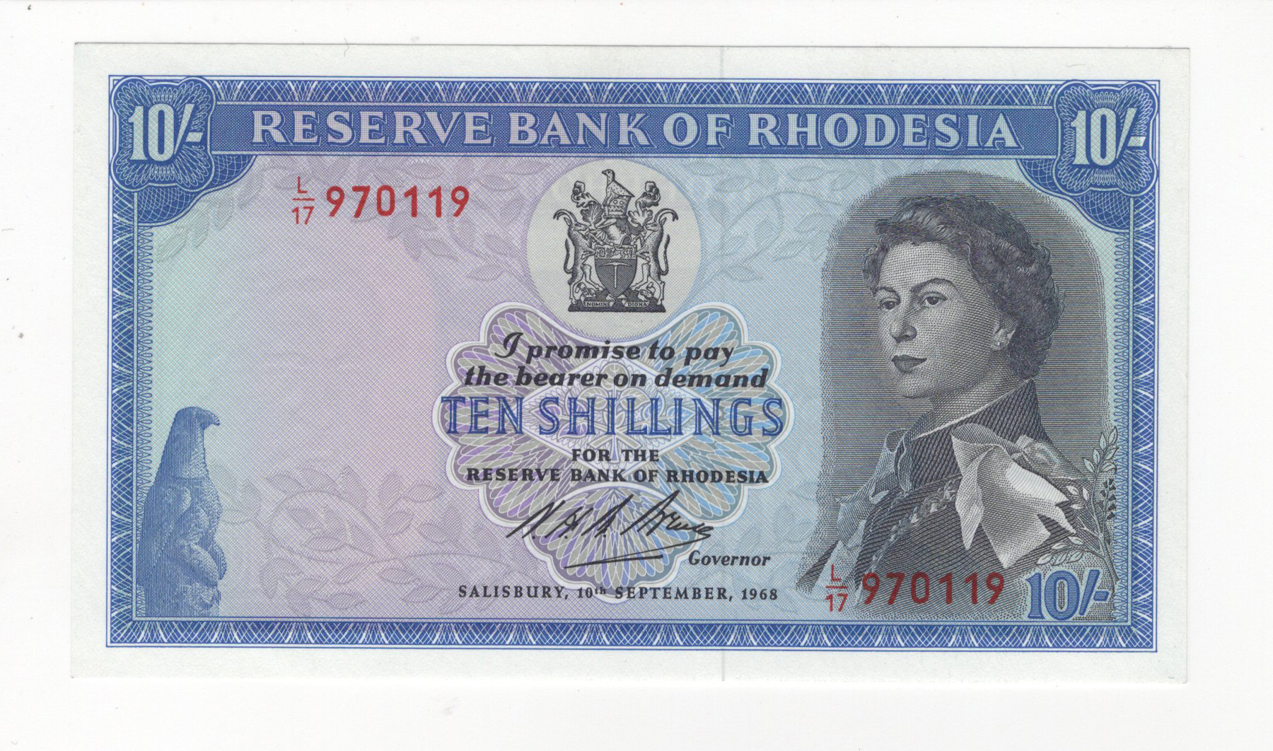Rhodesia 10 Shillings dated 10th September 1968, portrait Queen Elizabeth II at right, serial L/17