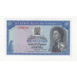 Rhodesia 10 Shillings dated 10th September 1968, portrait Queen Elizabeth II at right, serial L/17