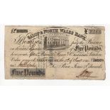 Wales Provincial note Salop & North Wales Bank, 5 Pounds dated 1st January 1841, series no. 6978,