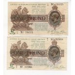 Warren Fisher 1 Pound (2) issued 1923 serial L1/77 739555 and M1/8 212090 (T31, Pick359a) nice crisp