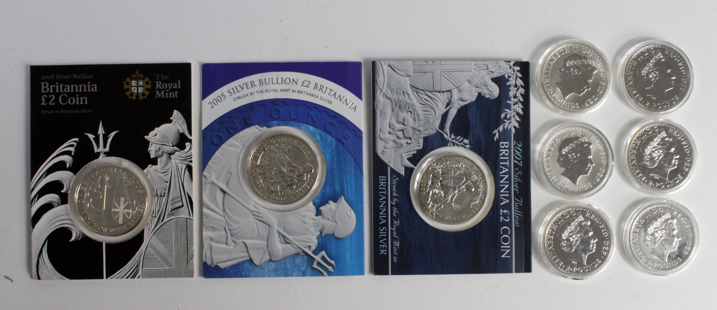 GB Silver Britannias (9) 2000, 01, 02, 03, 05x3, 07 & 2008, aUnc/Unc some with slight toning