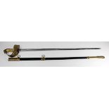 RAF officers sword with scabbard, GV crown, no makers mark, late manufacture or reproduction. Sold