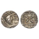 Anglo-Saxon silver sceat, Primary Phase c.680-c.710 A.D., Series A 2a, obverse:- Radiate Bust right,