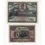 Spain (2), 100 Pesetas & 25 Pesetas dated 15th July 1907, (Pick64 & Pick62), the 100 Pesetas EF, the