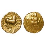 Ancient British, Celtic gold quarter stater of the Trinovantes and Catuvellauni during the reign