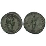 Domitian copper as, Rome Mint 86 A.D., reverse:- Fides standing right, holding dish of fruits and