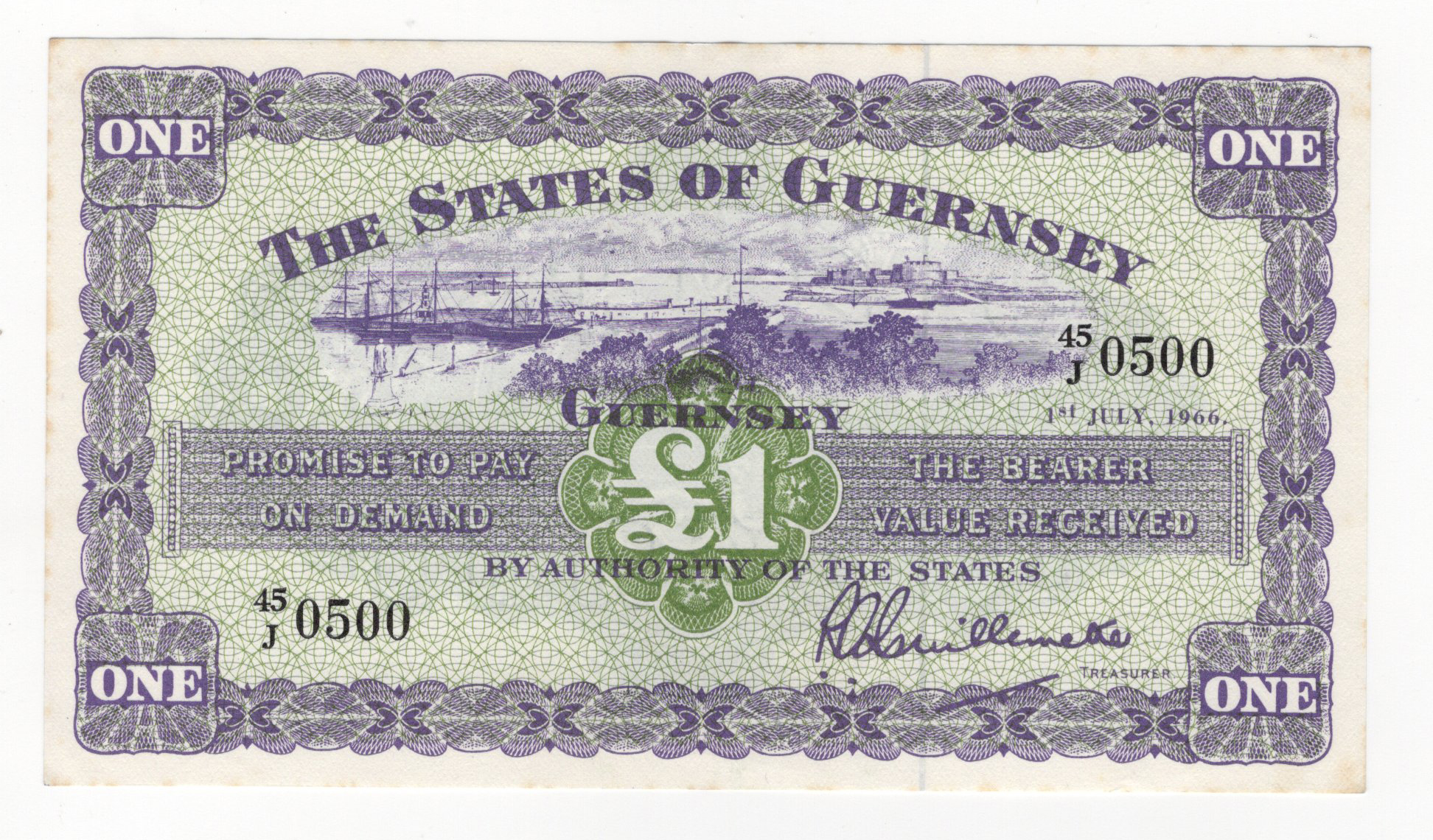 Guernsey 1 Pound dated 1st July 1966, signed Guillemette, nice serial number 45/J 0500 (TBB B148u,