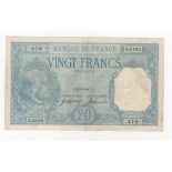 France 20 Francs dated 22nd October 1917, portrait Bayard at left, serial N.3193 478 (Pick74), no