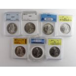 USA Morgan Silver Dollars (7): 1881-O UNC, 1882-O cleaned AU, 1886 UNC scratch, 1897 UNC, 1898-O