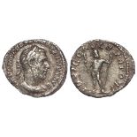 Macrinus silver denarius Rome Mint 217 A.D., reverse reads:- IOVI CONSERVATORI, jupiter standing