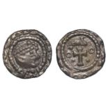 Anglo-Saxon silver sceat, Series BIIIA, Type 27a, obverse:- Diademed head set on trunk of body,