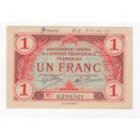 French Equatorial Africa 1 Franc issued 1917, serial No. 2,299,521 (TBB B102d, Pick2a) one tiny