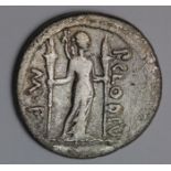 Roman Republican silver denarius, Rome Mint 42 B.C., of P. Clodius M.f., obverse:- Laureate head