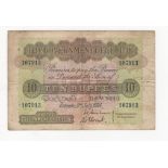 Ceylon 10 Rupees dated 2nd July 1934, serial D/9 07913, (TBB B218e, Pick25a), tiny centre pinhole