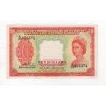 Malaya & British Borneo 10 Dollars dated 21st March 1953, portrait Queen Elizabeth II at right,