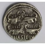 Pompey the Great and Q.Nasidius, silver denarius, obverse:- Head of Pompey the Great left, dolphin