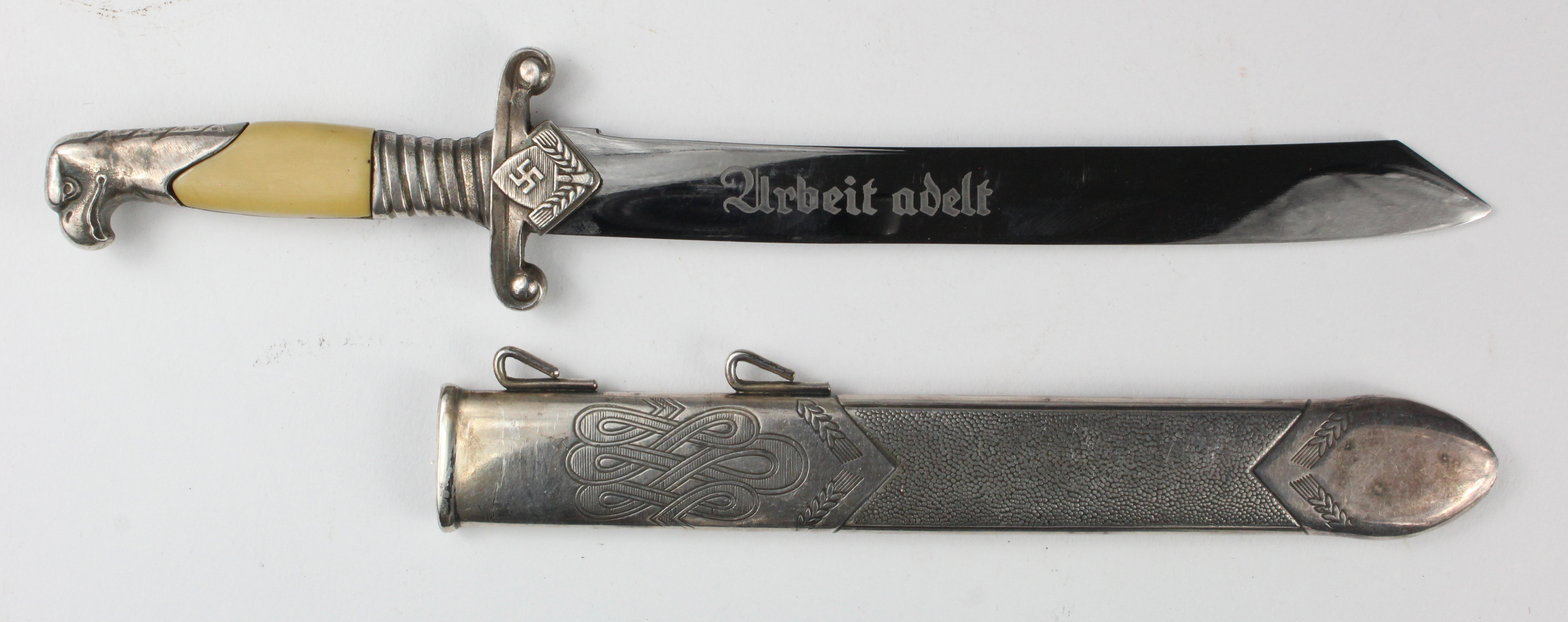 German RAD Officials Hewer, paperknife size "Arbeit Adelt" etched blade, matching scabbard