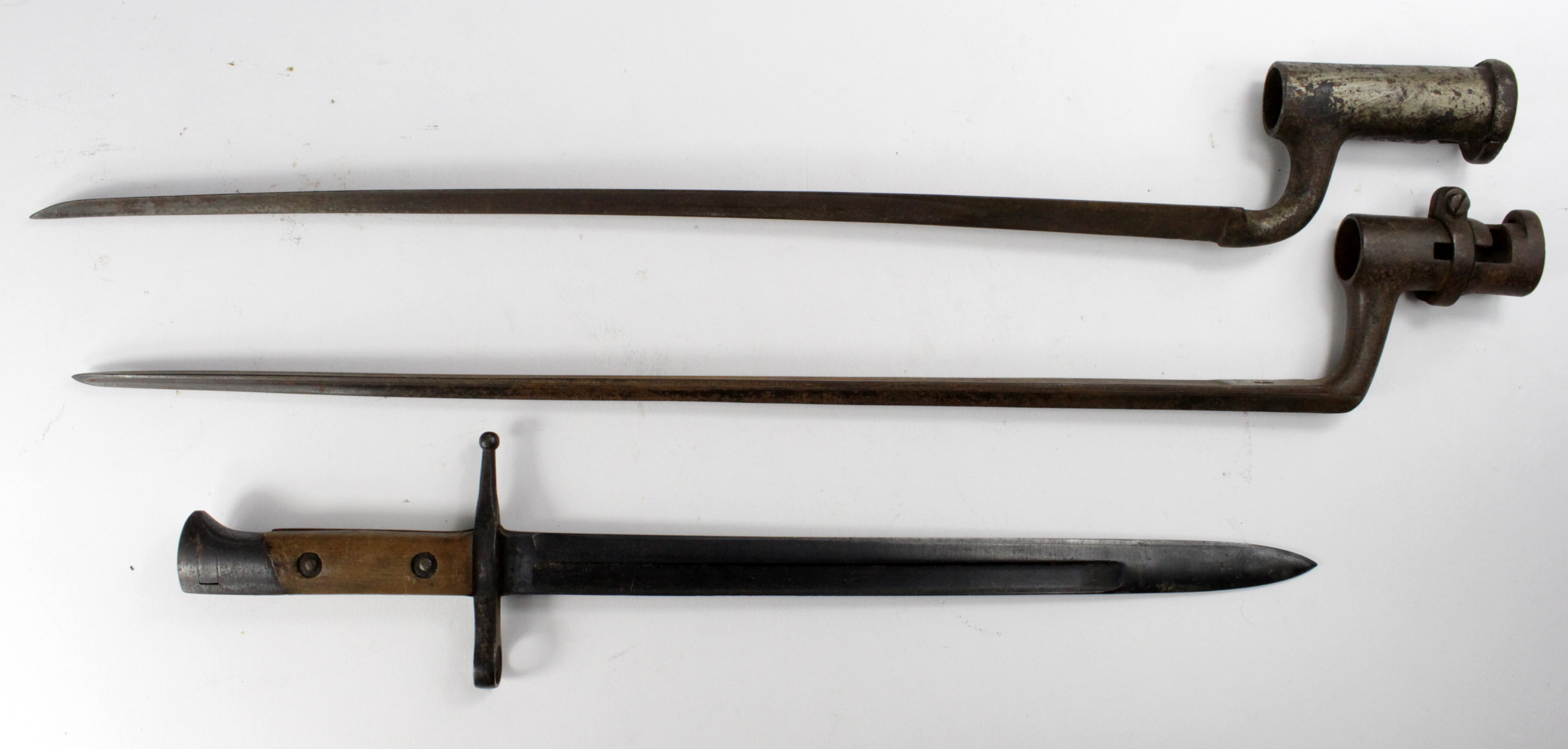 Bayonets without scabbards: 1) Italian Model 1891 blued blade. Good condition. 2) 1842 Pattern