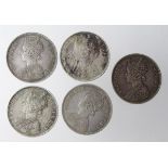 India, Queen Victoria Silver Rupees (5) 1862-1888, VF