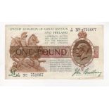 Bradbury 1 Pound issued 1917, rarer FIRST SERIES note, serial A/66 751667, (T16, Pick351) 2