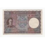 Ceylon 5 Rupees dated 1st February 1941, a scarce first date of issue, King George VI portrait,