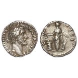 Antoninus Pius silver denarius, Rome Mint 152-153 A.D., reverse - Salus standing to left, feeding