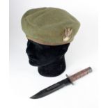 Polish interest a US Fighting knife with owners number stamped to pommel and a khaki beret, Polish