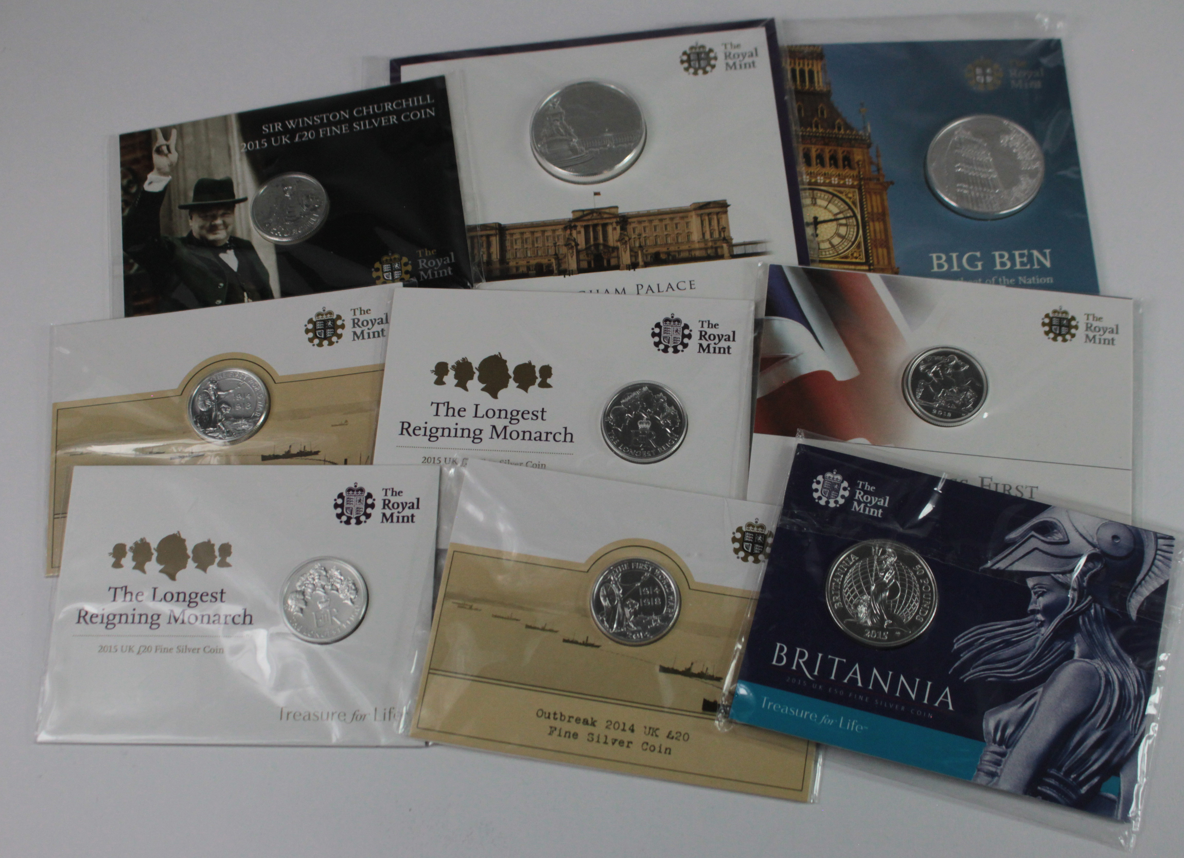 GB Silver BU issues (5) £100 "Big Ben & "Buckingham Palace" both 2015, £50 silver Britannia 2015