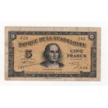 Guadeloupe 5 Francs issued 1942, serial X23 243 (Pick21), Fine+