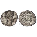 Augustus silver denarius struck Colonia Patricia 19 B.C., reverse:- Circular shield, inscribed CL V,