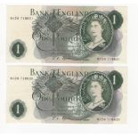 Fforde 1 Pound (2) issued 1967, a consecutively numbered pair of REPLACEMENT notes prefix N12M,