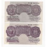 Peppiatt 10 Shillings (2) issued 1940, mauve WW2 emergency issue, serial Y05E 263939 and U96D 146371