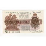 Warren Fisher 1 Pound issued 1927, rarer Control Note serial Z1/96 153065, high prefix number (