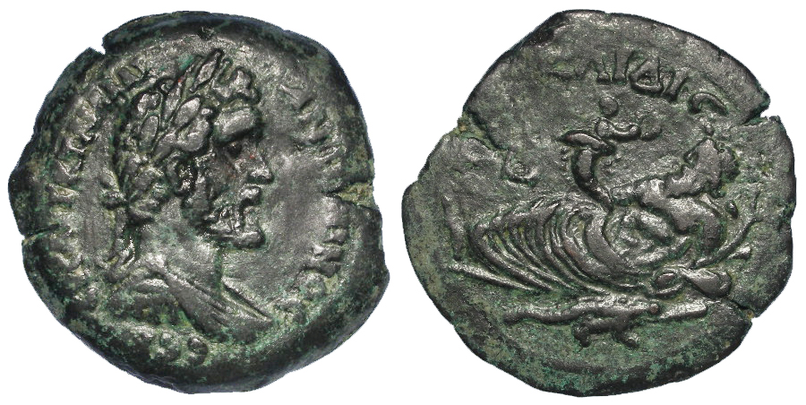 Antoninus Pius bronze drachm of Alexandria, Egypt, reverse:- Nilus reclining left, resting on left